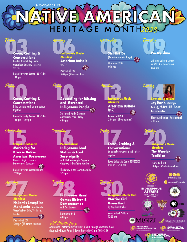 CMUCSID's tweet image. Here is the Native American Heritage Month Calendar of Events. We hope to see you in attendance for another great year of diversity programming with the Office of Indigenous Affairs. @CMUniversity