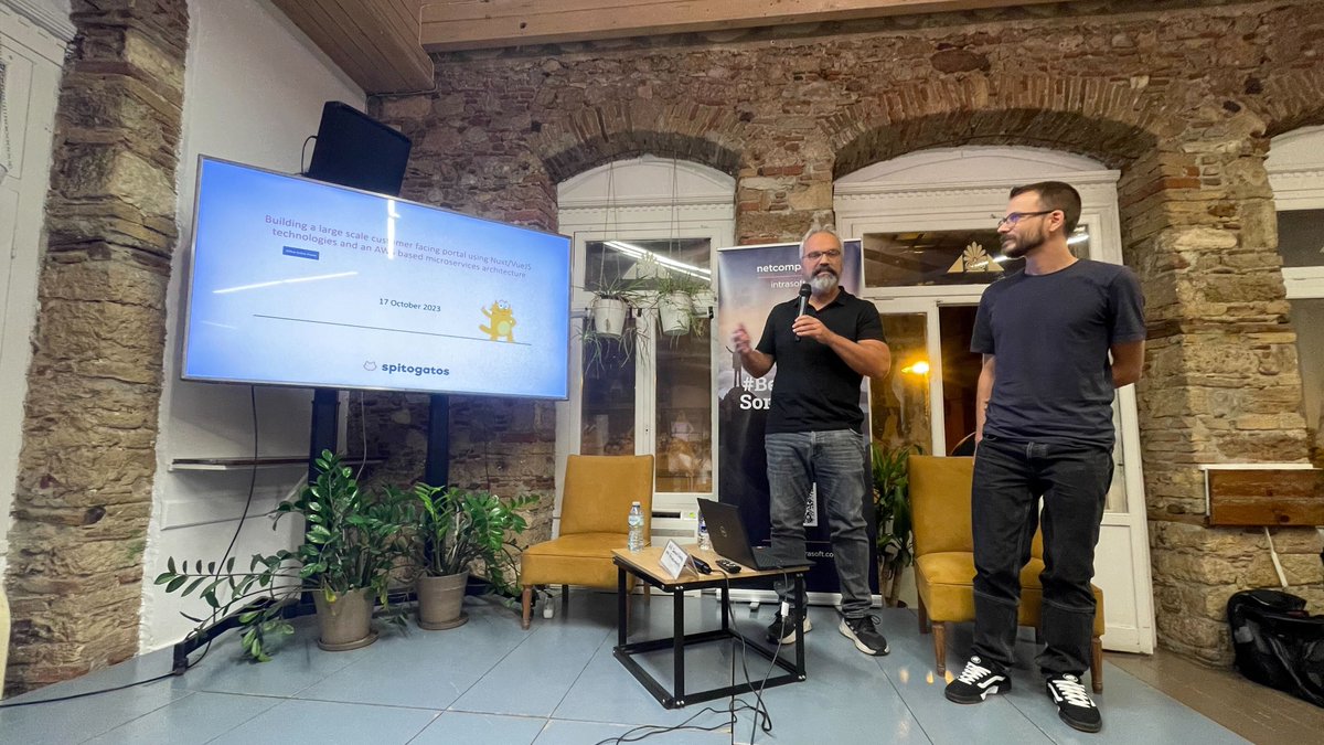 greecejs's tweet photo. Next on stage... Giorgos Seriatos &amp; Panagiotis Gkatzelidis talking about "Building a large scale customer facing portal using #Nuxt/#VueJS technologies and an AWS based microservices architecture"

#GreeceJS #meetup #tech #community #javascript #js #web #dev #frontend #design #ux https://t.co/y2yWOTeOoI