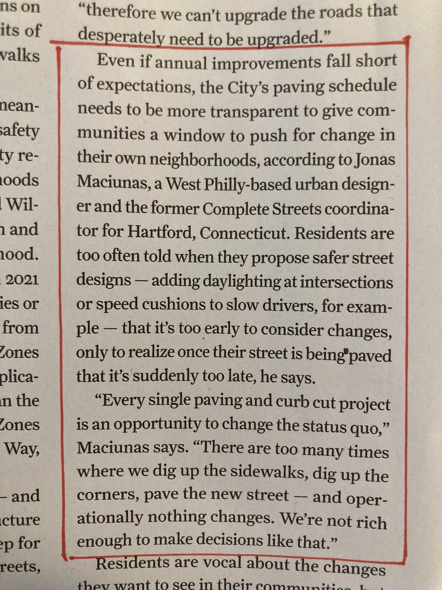 My two cents: 

Make improvemts with EVERY paving project. We’re not rich enough for the luxury to spend money on milling, paving, striping, and ADA curb cuts… and basically end up with the status quo roadway operation!