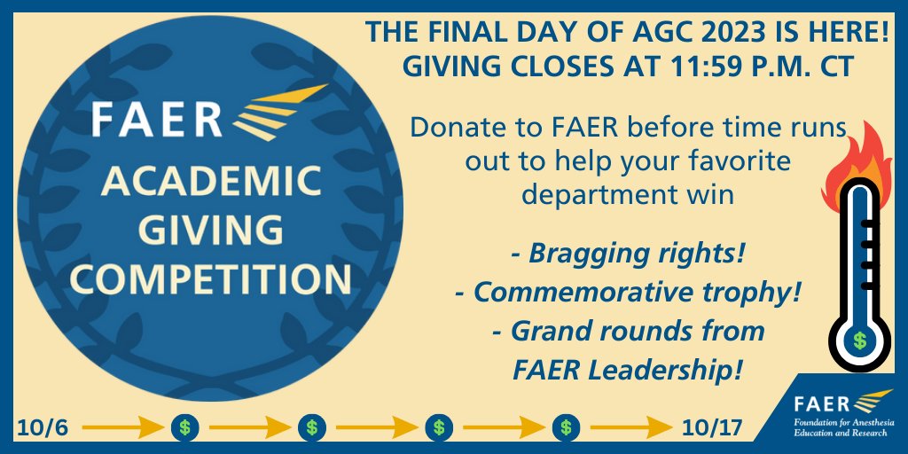 The final day of #FAERagc is here & we are only $6K from our goal of $250K! Donate now at FAER.org/AGC to help secure the win for your favorite department before time runs out! To all those who've made AGC such a great success, THANK YOU! #TheFutureIsFAER #ANES23
