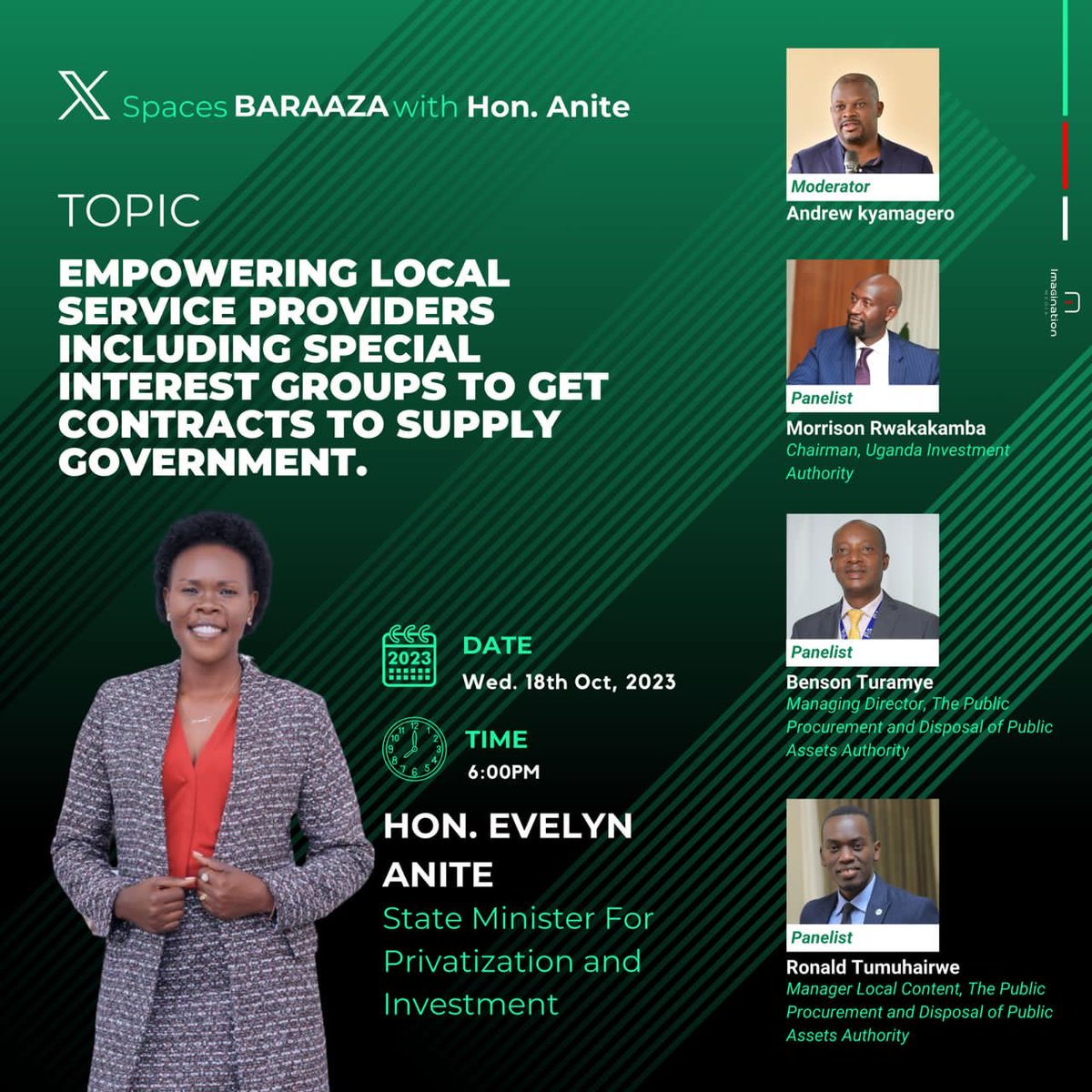 *Tomorrow 18th October 2023, I am honored to be hosted by @HonAniteEvelyn to discuss opportunities for local suppliers in @GovUganda.

Don’t miss! 
Time⏱️ - 6.00p.m
#ProcurementThatDelivers*
