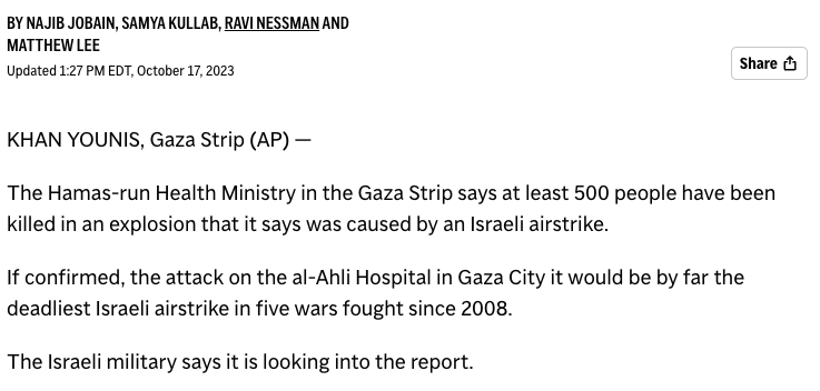 The Gaza Health Ministry says an Israeli airstrike has killed at least 500 people at Al Ahli Hospital in Gaza City: apnews.com/article/israel…