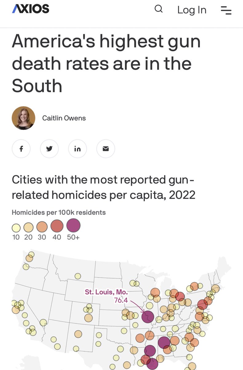 TheTNHoller's tweet image. REPORT: “The cities with the highest firearm homicide rates are clustered in the South, generally in red states with less restrictive gun laws…”
 axios.com/2023/10/16/ame…