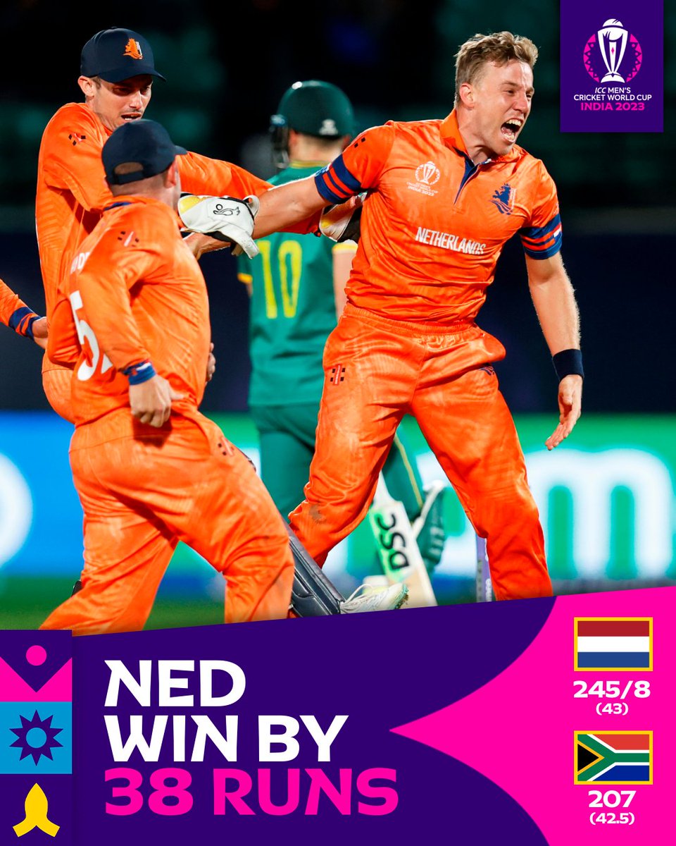 cricketworldcup's tweet photo. One of the greatest ICC Men's Cricket World Cup upsets of all time in Dharamsala as Netherlands overcome South Africa 🎇

#SAvNED 📝: https://t.co/gLgies5ZBv https://t.co/KcbZ10qdAG
