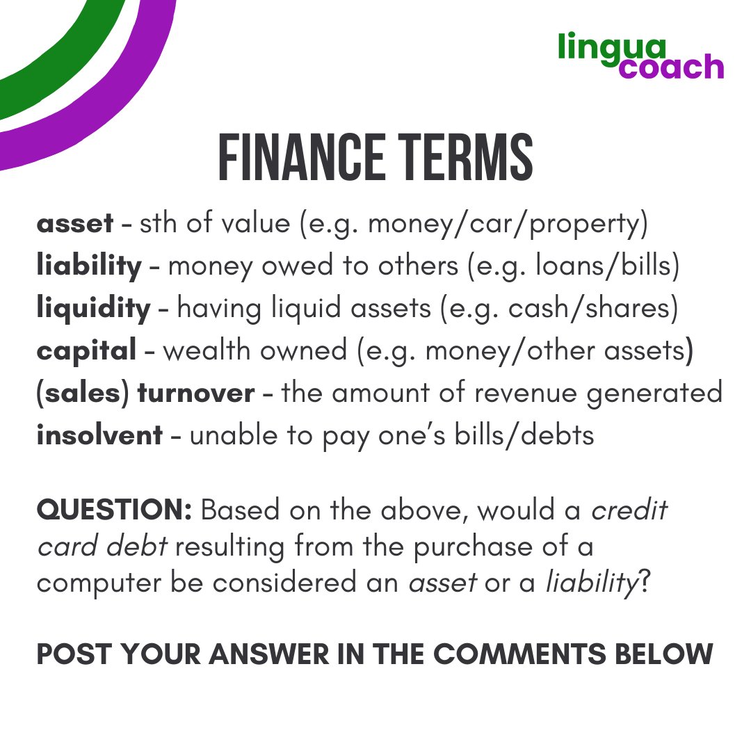Here are some common finance terms in English 🤔 Try to work through the question and post your answer in the comments below 👇
#LearningEnglish   #SpeakEnglish #English #Ingles #Inglés #BusinessEnglish #kielikoulutus