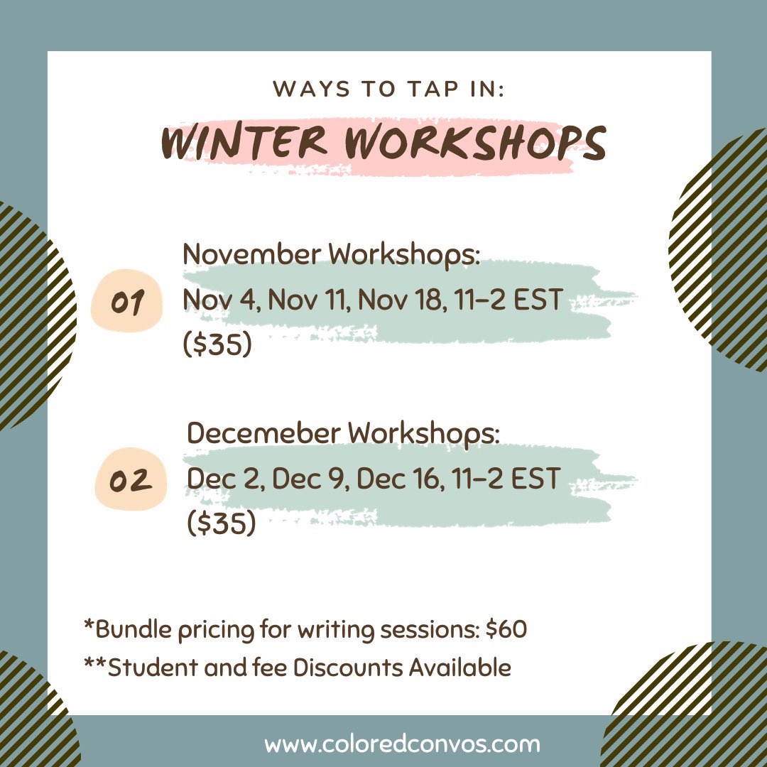 COLORED CONVOS MEDIA PRESENTS: Weekend Winter Writing Workshops.

This winter, join our founders—Jenn &amp; Daren, for our end of year writing workshops.

Register today: docs.google.com/.../1FAIpQLSfK…