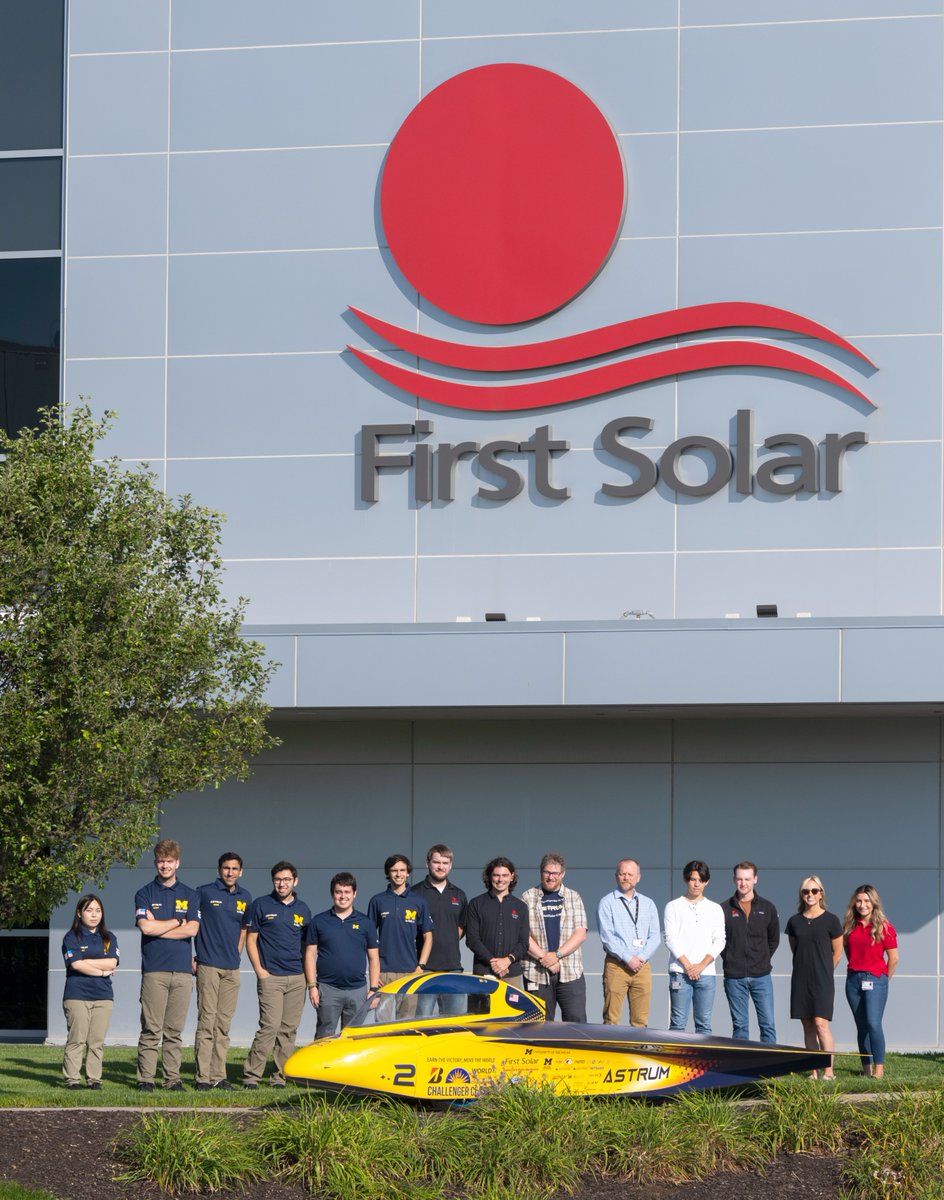 FirstSolar's tweet photo. Big smiles here at @FirstSolar as we begin counting down to the @WorldSolarChlg, which will see the @UMSolarCarTeam we are sponsoring race to victory. Did you know they are the only American team in the challenger class of the race? #FSxUofM #AmericasSolarCompany https://t.co/Yt3jSVvQ5i