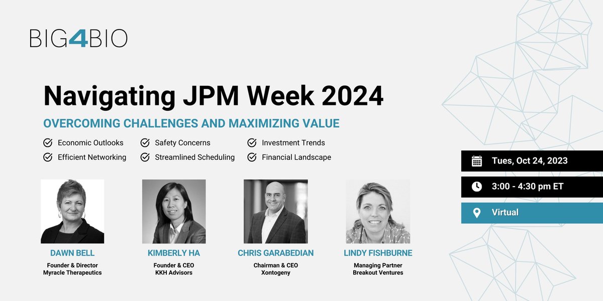 Helping you prepare for #JPM2024 are our panelists Dawn Bell (@TheDawnBell), Kimberly Ha (@pharmaprodigy), Chris Garabedian (@cngarabedian), and Lindy Fishburne (@lindyfishburne). Join us Oct 24 at 3pm ET. RSVP here: eventbrite.com/e/navigating-j… #STATSummit #FierceBiotechSummit #BIF23