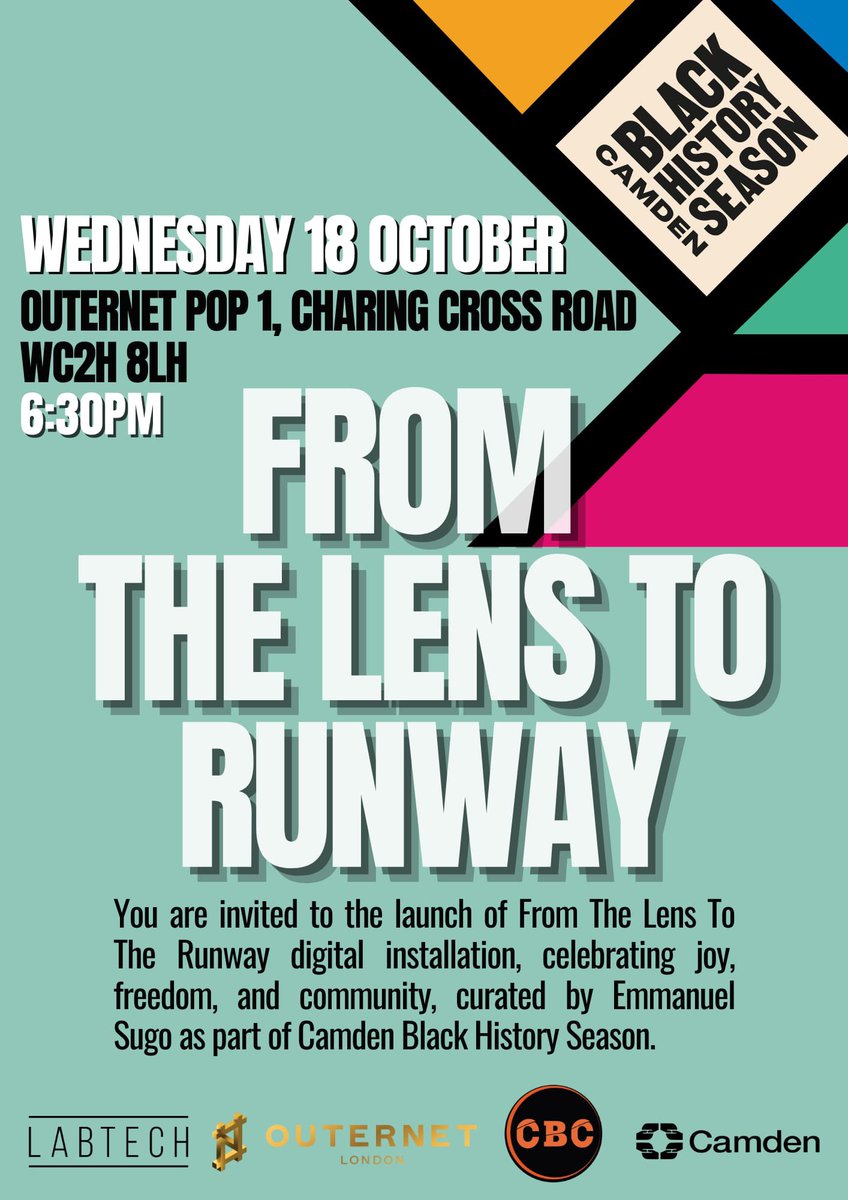 LoveCamden's tweet image. You are invited to the launch of #FromTheLensToRunway, a #DigitalInstallation, celebrating joy, freedom and community, curated by @EMMANUELSUGO.

📅Wednesday 18th October
🕒6:30pm
📍@OuternetGlobal, WC2H 8LH
🎟️FREE!

lovecamden.org/lens-to-runway

See you tomorrow! #BlackHistorySeason