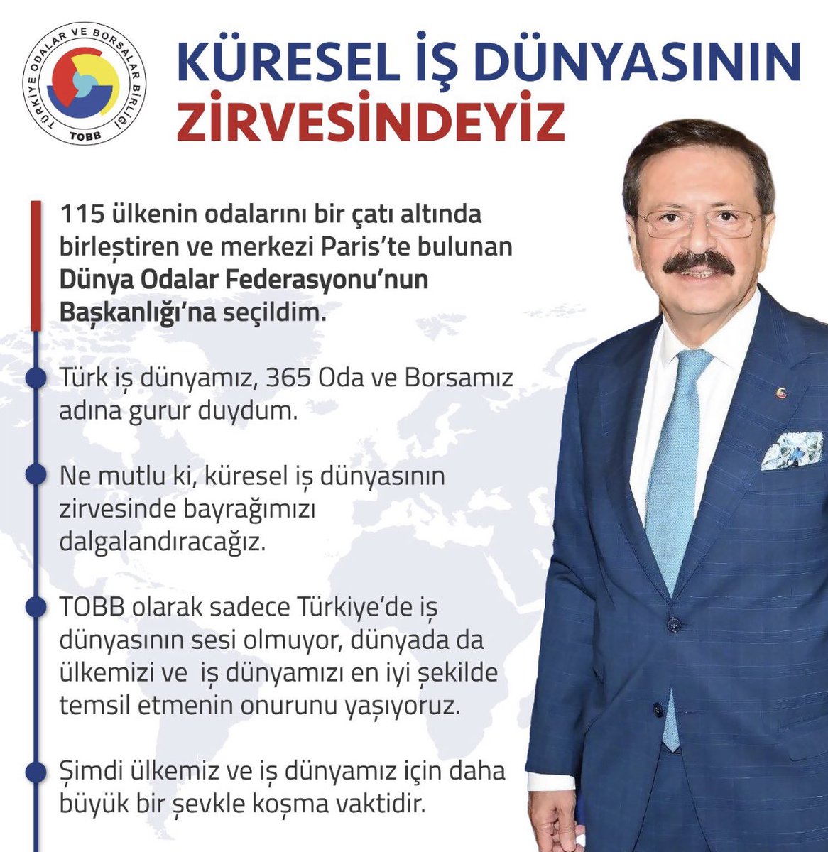 Dünya Odalar Federasyonu Başkanlığı’na seçilen Sn. <a href="/RHisarciklioglu/">Rifat Hisarcıklıoğlu</a> 'nu kutluyoruz.

<a href="/RHisarciklioglu/">Rifat Hisarcıklıoğlu</a> <a href="/TOBBiletisim/">TOBB</a>