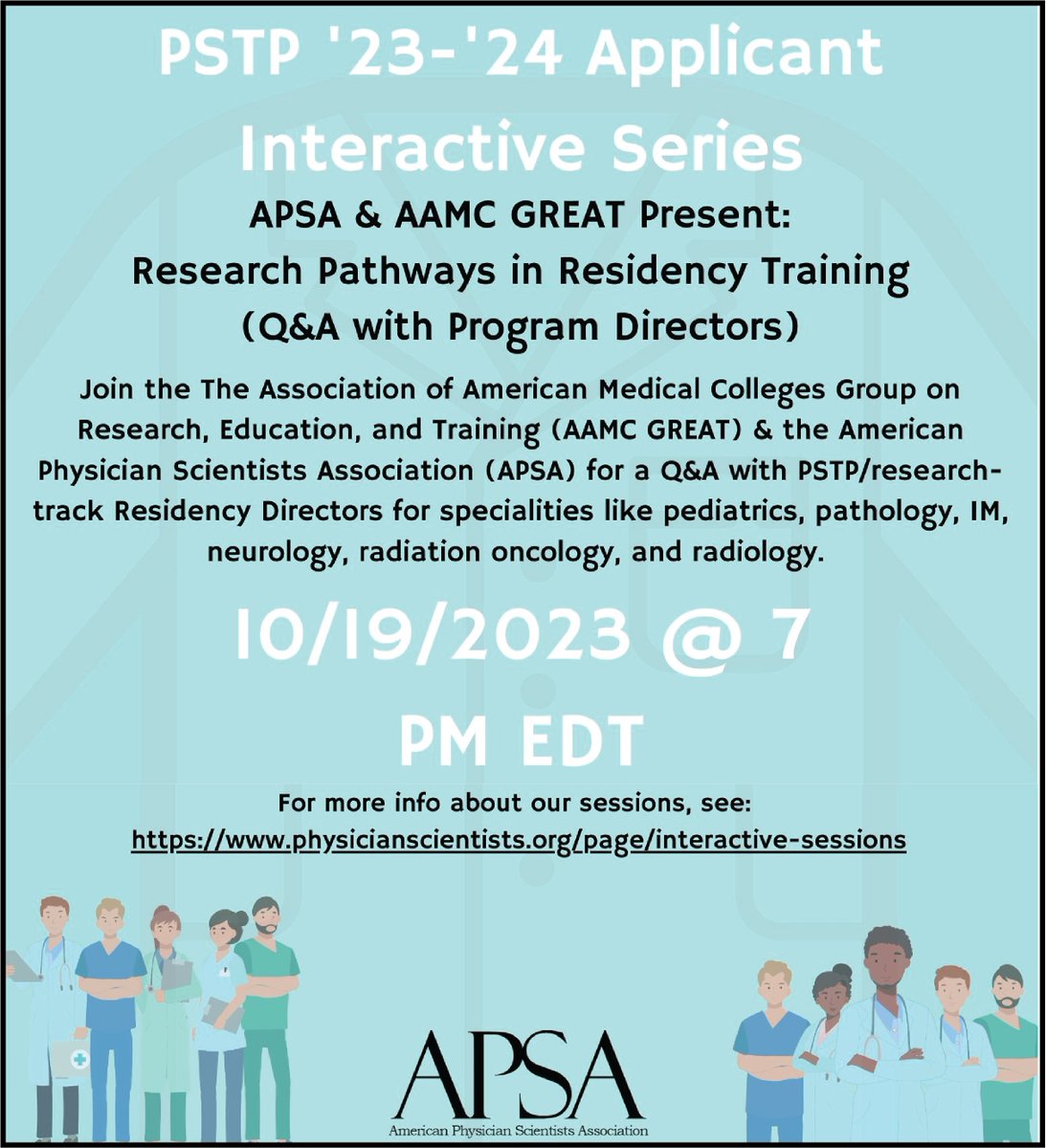 Join @A_P_S_A and the @AAMCtoday this Thursday Oct 19 at 7pm to learn about #research in #residency directly from program directors! Register here for free: physicianscientists.org/events/registe… #Match2024 #physicianscientists #researchinresidency