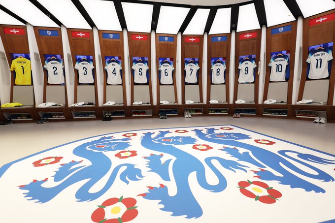 Inside the England dressing room at Wembley where shirts one to eleven are displayed. 