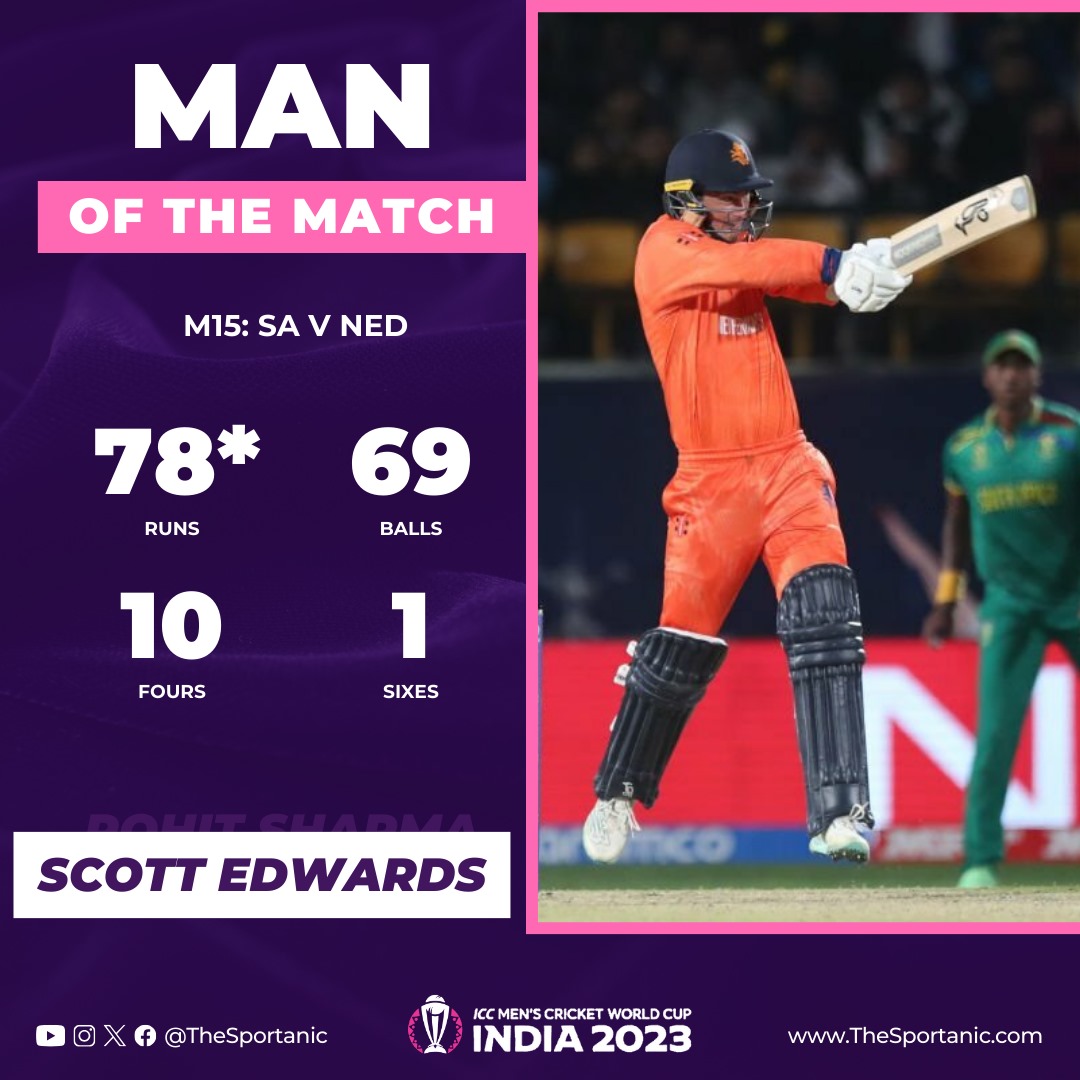 TheSportanic's tweet photo. Captain Innings 💯
Rescuing his team from 82/5 getting a fifty and a challenging total, later on making three dismissals by his keeping in defending the target.
A day to remember for Edwards.
#Sportanic • #SportsRedefined • #CWC2023 • #SAvsNED https://t.co/3XJXDTpiR5