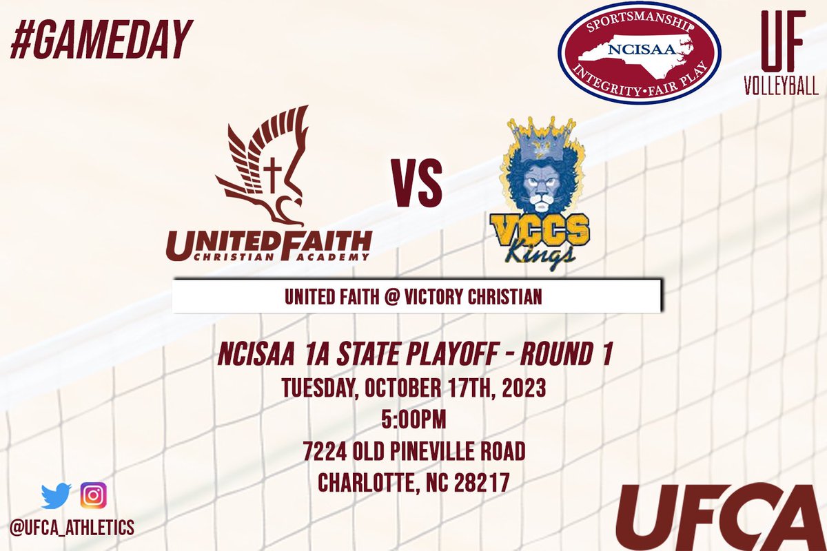 UFCA_VBALL's tweet photo. #GameDay #StatePlayoffs
🏐 @ Victory Christian (@NCISAA1 1A - Round 1)
📆 Tuesday, October 17th, 2023
⏰ 5:00pm
📍 7224 Old Pinevile Road, Charlotte

#UFVolleyball #FaithGirls #FaithWay https://t.co/DVUQbQEQFN