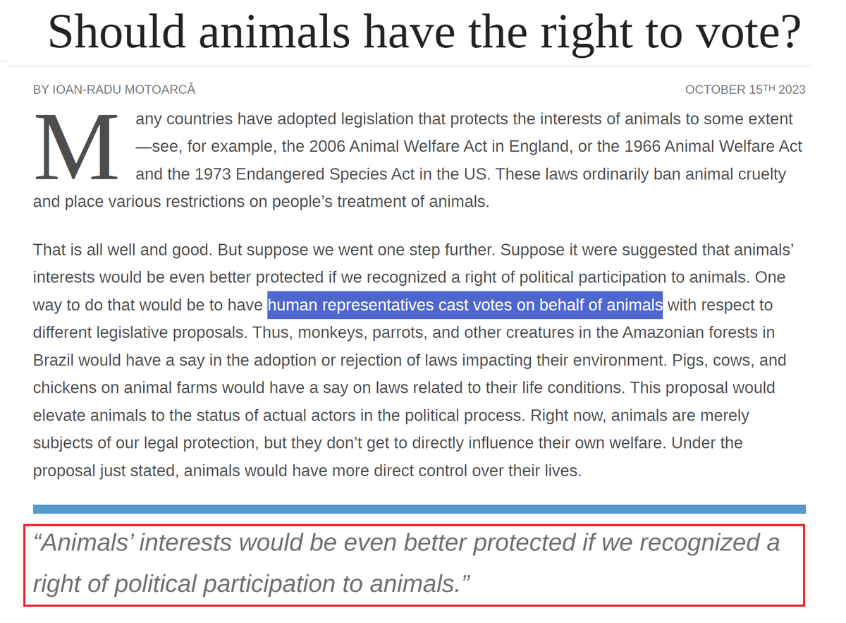 So "Oxford" <a href="/OUPAcademic/">Oxford Academic</a> wants animals to have voting rights 😂... Not even <a href="/TheBabylonBee/">The Babylon Bee</a> has been publishing articles this absurd 🤦‍♂️ 

blog.oup.com/2023/10/should…