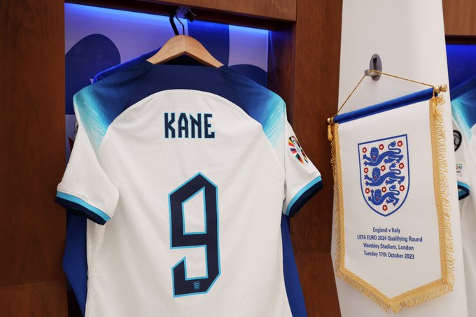Close up of Harry Kane's shirt with his name and number (9) on the back. 