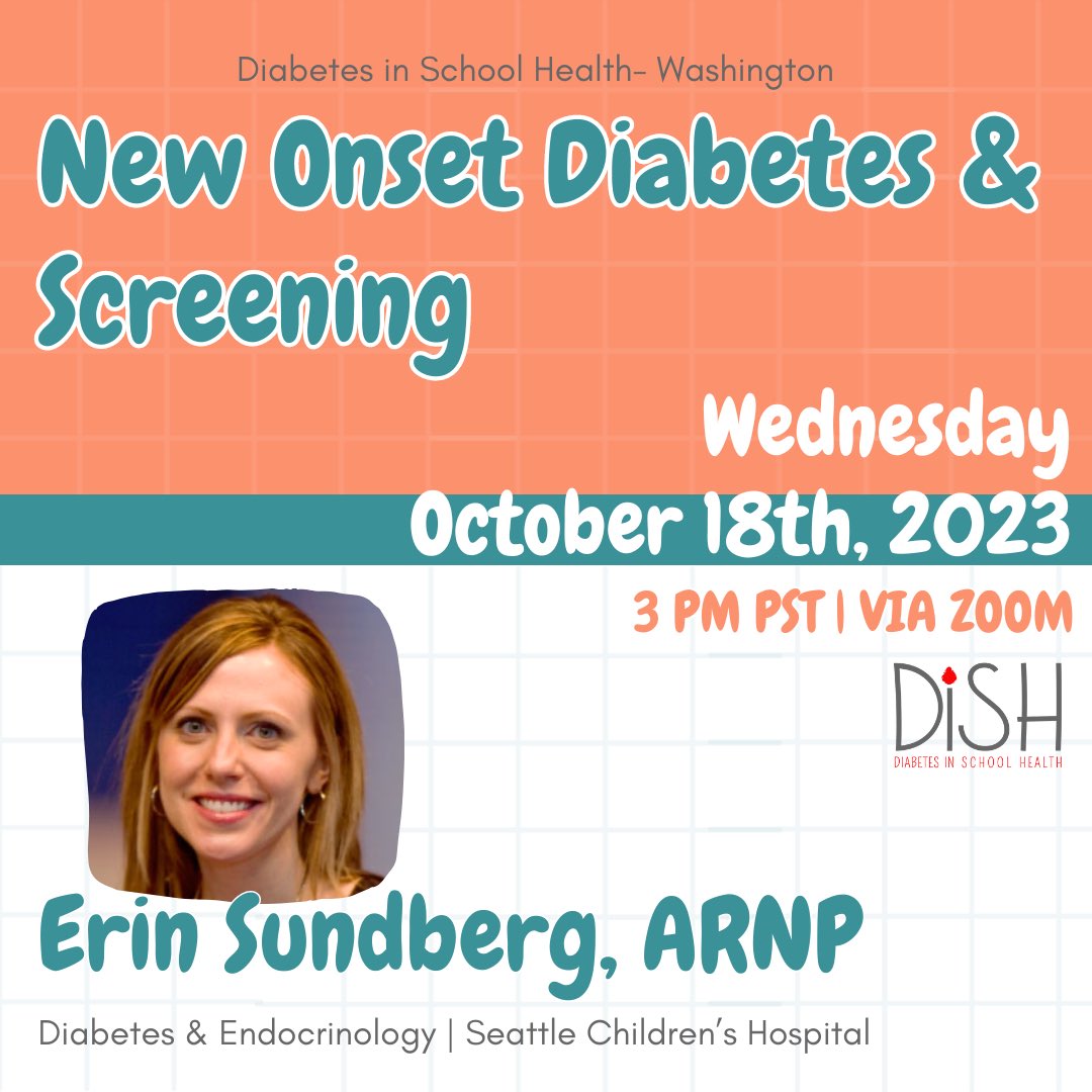 #DiSHWA is happening TOMORROW, October  18th at 3 PM, PST!

Erin Sundberg from <a href="/seattlechildren/">Seattle Children's</a> ! 

 Join us on Zoom, via the link in our bio! 

#DiabetesinSchoolHealth #DiSH #diabetes #type1diabetes #T1D #type2diabetes #T2D #diabetesdiagnosis #schoolnursing #schoolnurse