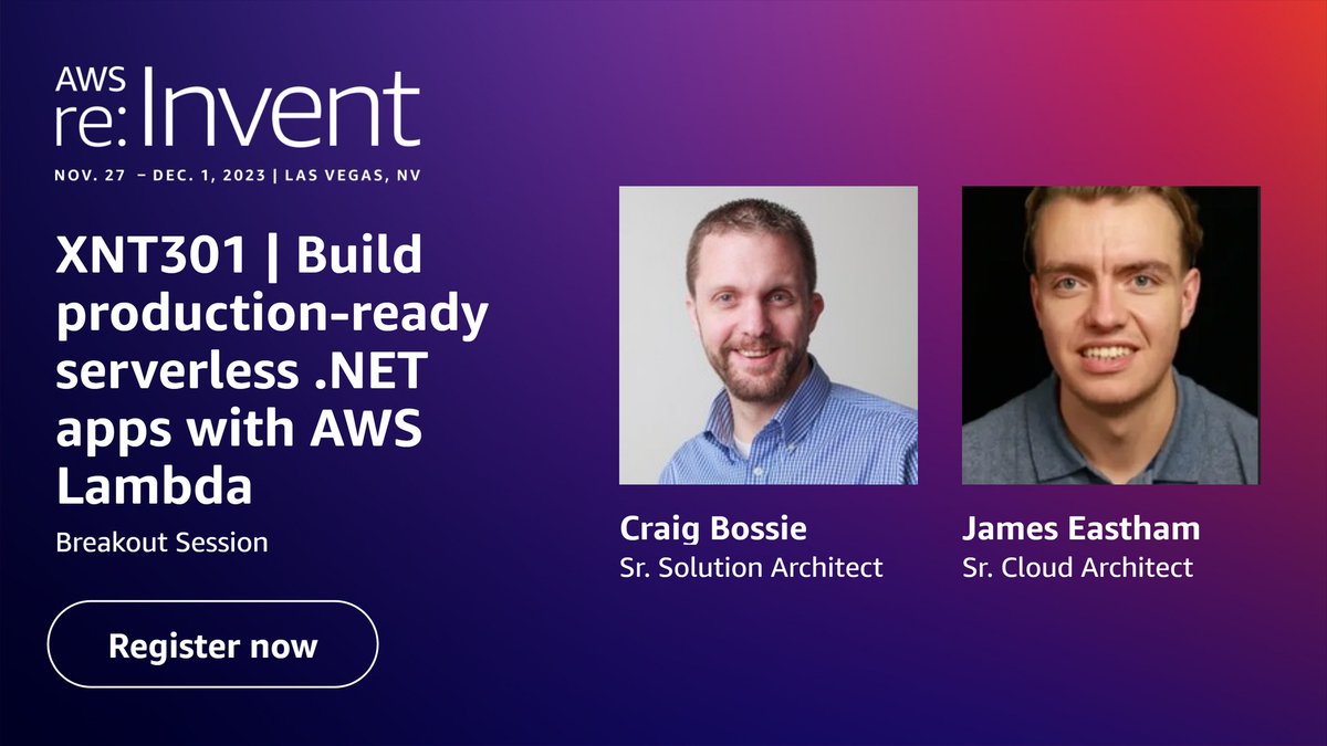 Are you a .NET developer looking to build serverless applications on AWS?

If that sounds like you, come join <a href="/cbossie/">Craig Bossie</a> and me to learn how you can build serverless .NET applications.

#dotnet #aws #serverless