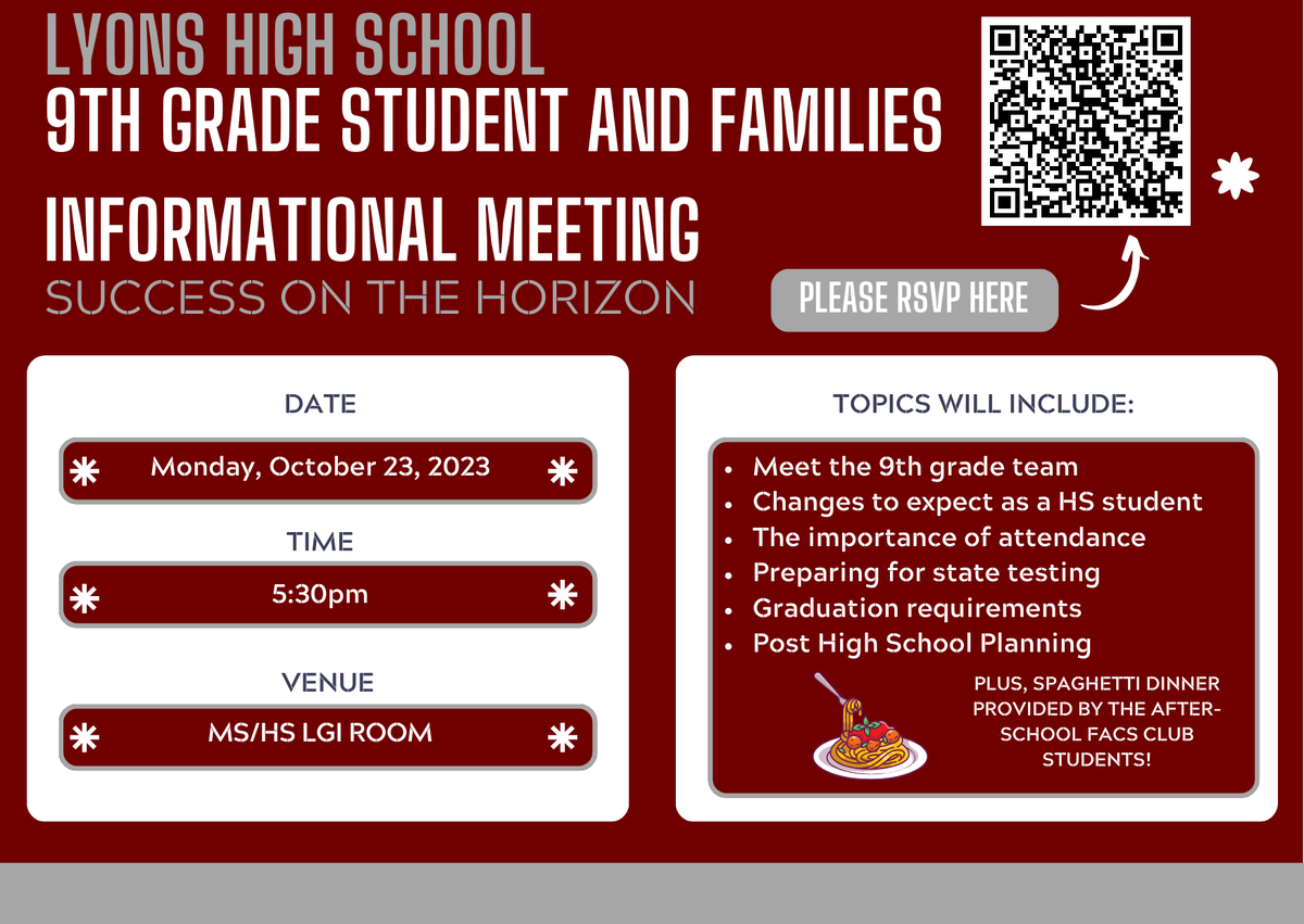 Our 9th Grade Students &amp; Families Info Meeting is next week! Please RSVP using the *new* QR code on this graphic or visit docs.google.com/forms/d/e/1FAI…. Thank you and we hope to see you Monday!