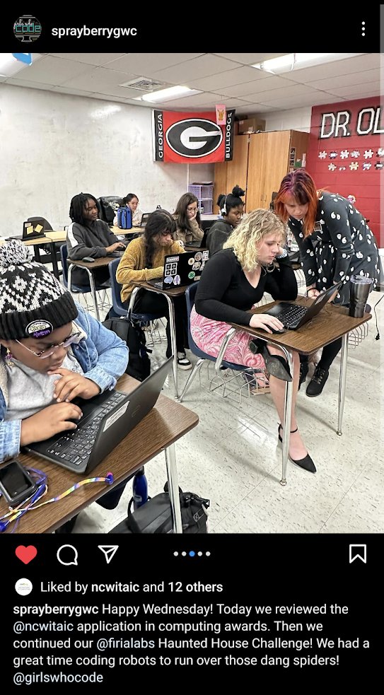 FiriaLabs's tweet photo. Last week's winner for the #HauntedCodeChronicles social media post is the Sprayberry @GirlsWhoCode club. They posted several pics of their experience & shared a bit of emotion π "We had a great time coding robots to run over those dang spiders!" https://t.co/5l6piefHoY https://t.co/0KuHxGWudq