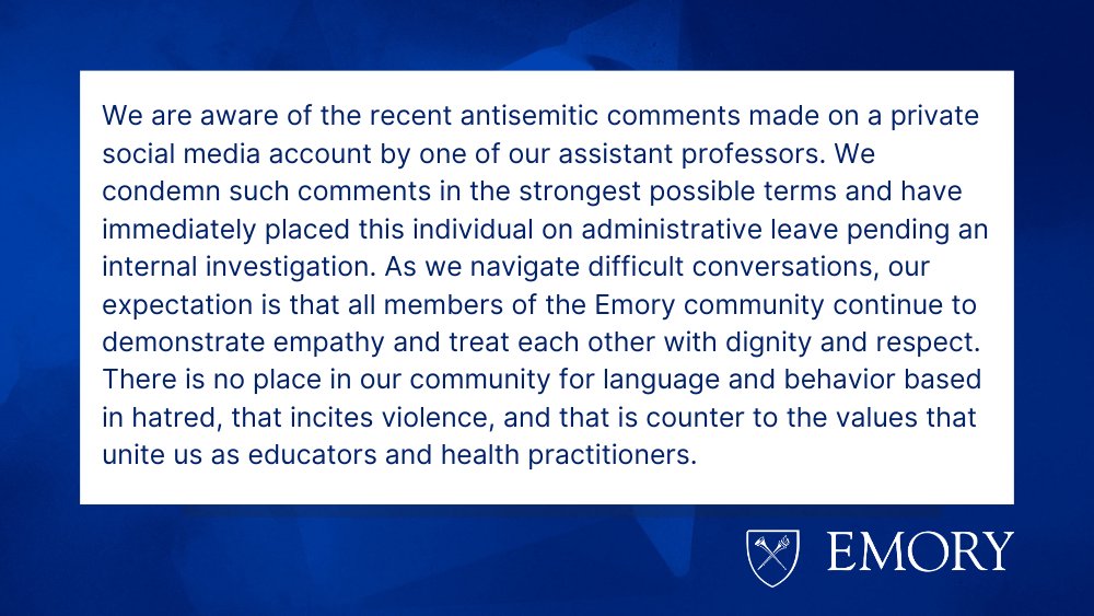 We are deeply sorry for the pain these comments may have inflicted. In addition, Winship Cancer Institute and @EmoryHealthcare are firmly committed to providing unbiased and quality patient care and we condemn any language or actions that threaten or compromise that value.