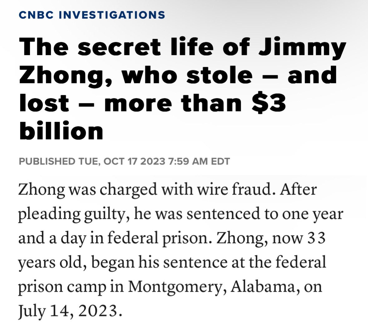 Jimmy Zhong stole 50,000 Bitcoin a decade ago, worth $3 billion in 2021 He  was sentenced to a year in prison