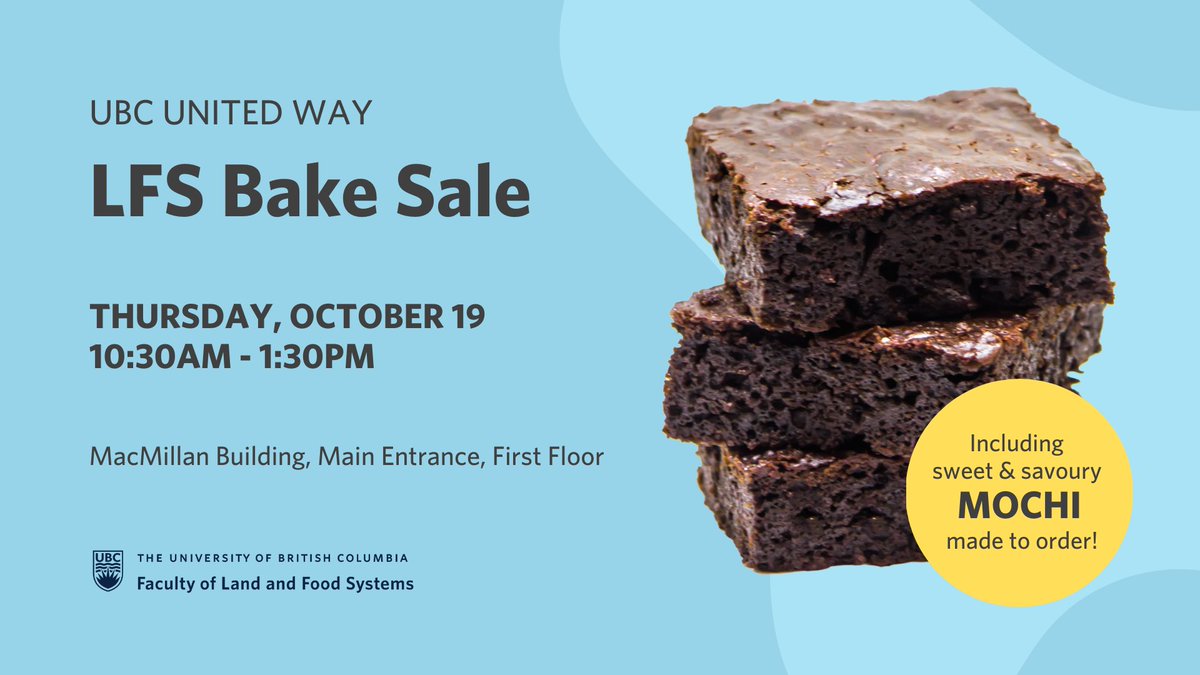 UBC Faculty of Land and Food Systems (@ubclfs) on Twitter photo This Thursday, Oct. 19, bring some change and come by the MacMillan Building to support our <a href="/UBCUnitedWay/">UBC United Way</a> bake sale! Minimum $2 donation per item. Funds raised will go towards local projects that support vulnerable people in our community. This Thursday, Oct. 19, bring some change and come by the MacMillan Building to support our <a href="/UBCUnitedWay/">UBC United Way</a> bake sale! Minimum $2 donation per item. Funds raised will go towards local projects that support vulnerable people in our community.