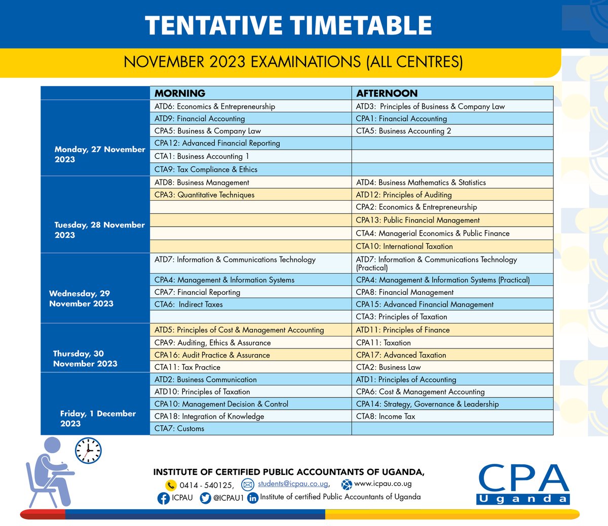 ICPAU1's tweet photo. π November's Battle Plan is Here! ποΈπ
Get ready to conquer the academic challenge as the November exam timetable is revealed.
Time to sharpen those pencils, because success is just around the corner! πͺπ
#NovemberExams
#ICPAUExams https://t.co/fwoHWb9WGe