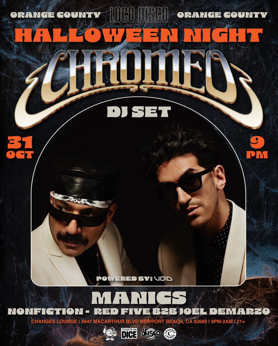 We are overly ecstatic to announce the biggest disco &amp; funk act in North America or possibly even the world @chromeo will be coming to Orange County at a intimate 300 capacity venue on Halloween night Tuesday October 31st🪩🕺🏻 

TIX LINK IN BIO