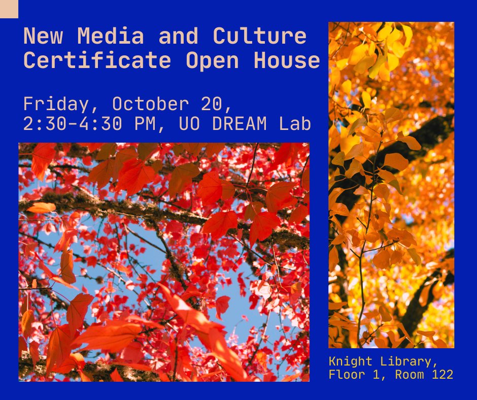 Join us this Friday, October 20, from 2:30-4:30 p.m. in the UO Knight Library DREAM Lab for our Open House! 

There’ll be time to meet NMCC staff, learn more about the certificate, and connect with NMCC affiliates over light snacks and beverages. Drop by as your schedule allows.
