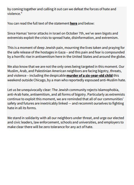#JCRCBayArea is proud to join over 100 Jewish organizations in unequivocally condemning Islamophobia, anti-Arab hate & all forms of bigotry. Our communities' safety is intertwined, & we reject hate in solidarity with our Muslim, Arab, and Palestinian-American neighbors. @theJCPA