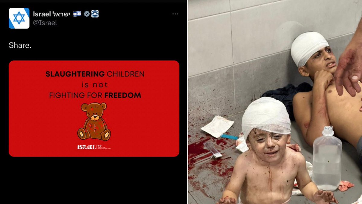 🇮🇱 This morning, <a href="/Israel/">Israel ישראל</a> condemned those who “slaughter children”

🇵🇸 Tonight, <a href="/Israel/">Israel ישראל</a> bombed a hospital in Gaza full of children, killing over 500 civilians.