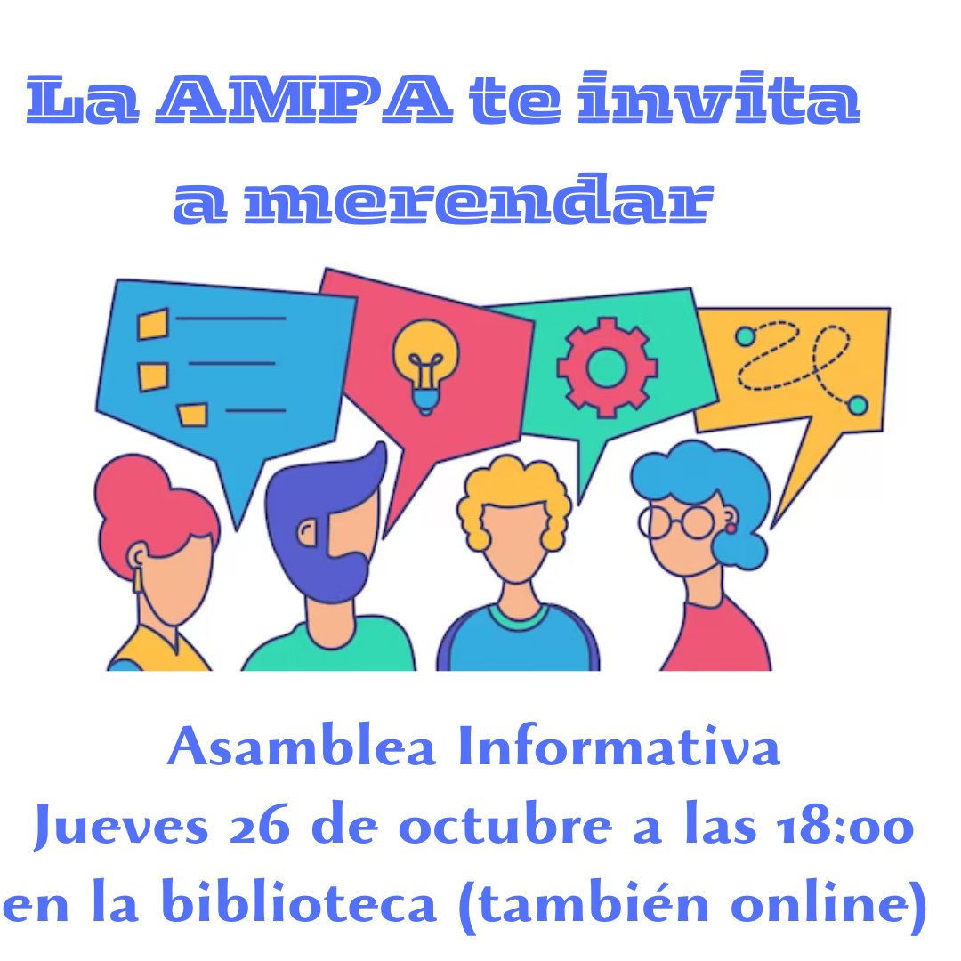 Participa en nuestra asamblea el 26 de octubre a las 18h
Presentaremos la AMPA y sus proyectos, y contaremos todas las novedades del Proyecto CONCIENCIACIÓN, DETECCIÓN Y PREVENCIÓN DE LOS TRASTORNOS DE SALUD MENTAL EN LA COMUNIDAD EDUCATIVA
 Habrá café y bizcocho para el debate