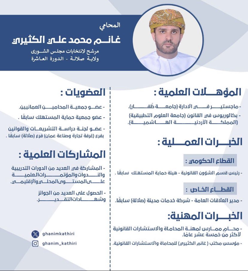 ghawas2012's tweet photo. شاب طموح لديه الكثير في برنامجه الانتخابي من هموم الوطن وقضاياه.
خبرته العمليه والعلميه تبهر كل من يقرأ سيرته الذاتيه، نتمنى له التوفيق للرقي بطموح ولايه #صلاله وساكنيها في مجلس الشورى.@GhanimKathiri 

 #صلاله_تختار_غانم_الكثيري #كلنا_وطن 

 #صلالة_ترشح_غانم_الكثيري https://t.co/LScvNmYoUS