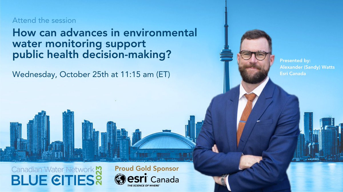 How can advances in environmental water monitoring support public health decision-making? Attending @cdnwaternetwork #BlueCities2023? Join us on Wed Oct 25 at 11:15 am. esri.social/evFn50PXMz9 Meet Sandy and get to know #PublicHealth at Esri Canada esri.social/fJUK50PXMza #GIS