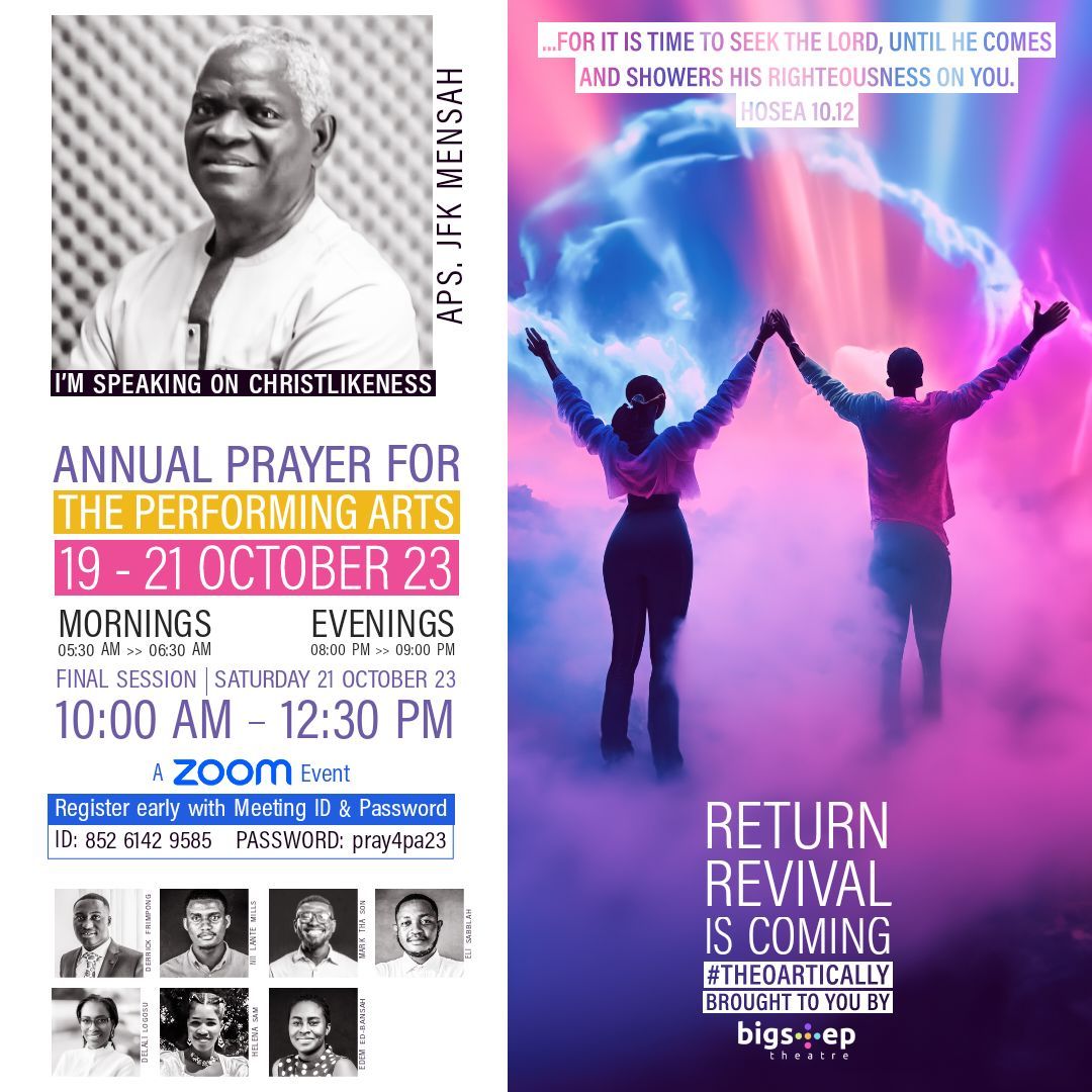 bigsteptheatre's tweet photo. The Final Session (on Sat. 21st Oct.) for the Annual Prayer for the #PerformingArts is so special.
We'll host Apostle JFK Mensah for a time of teaching, anointing and commissioning.
Book your seat on the Zoom call here: https://t.co/1RzkXhOdEk

#Theoartically #RevivalIsComing https://t.co/VfPD8bmnvF
