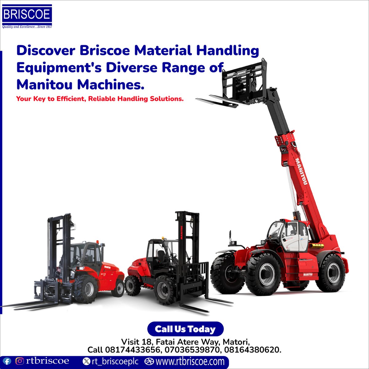 Manitou Machines is your key to efficient, reliable handling solutions.

#forklift #Manitou #Nigeria #rtbriscoenigeriaplc 
#manitouforklift 
#briscoemhe #telehandler
#Materialhandlingsolutions
#Warehouseequipment
#constructionequipment 
#manitouparts #tuesdaysales