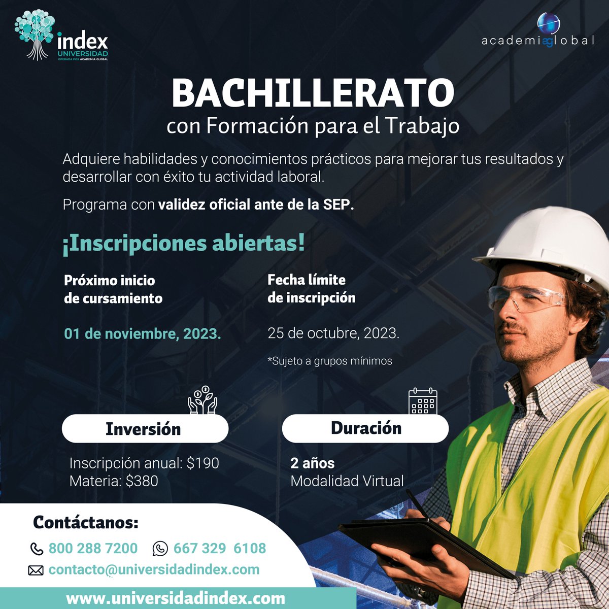 ¡Si no eres socio index Querétaro contáctanos!
Universidad Index ofrece un gran beneficio para los trabajadores de la industria de exportación de Querétaro, para mayor información al correo coordinacion@indexqueretaro.org.mx