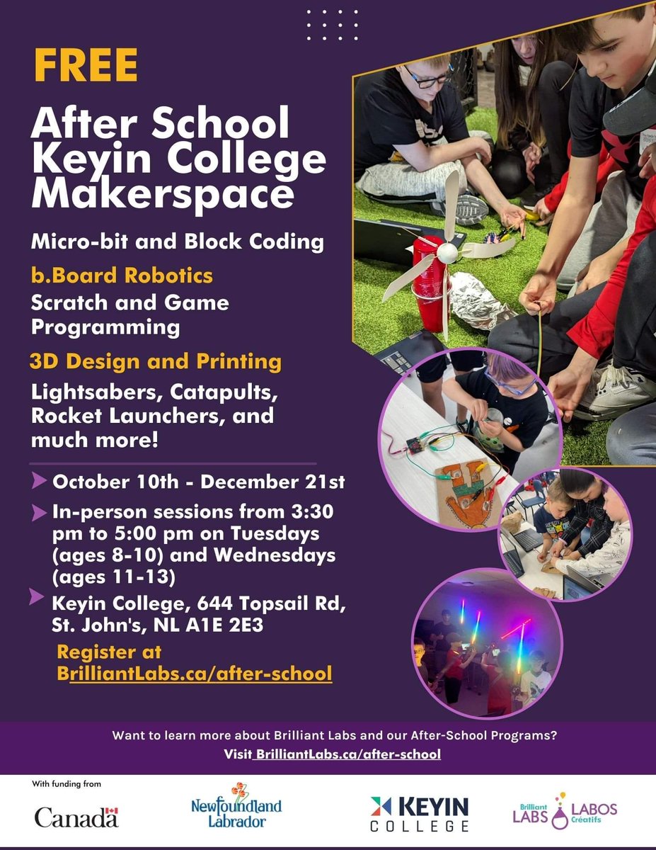 mmelee5's tweet image. 👋Students aged 8-13:

@brilliant_labs has after-school makerspace sessions available @KeyinCollege in St. John&apos;s!
Learn about robotics, coding, 3D design and printing and more!
Limited Spaces! Register here: brilliantlabs.ca/after-school