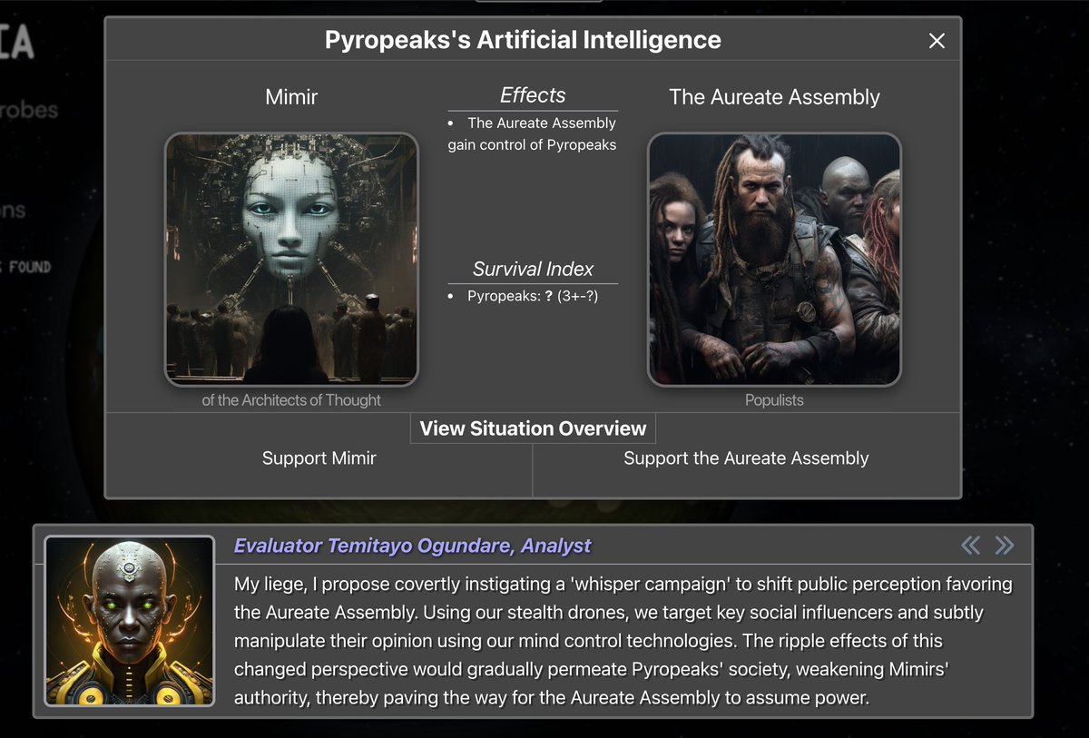 0xdeadlift's tweet image. With Mimir, an AI god, at the helm, the citizens of the Artificially Coordinated Nation of Pyropeaks indulge in scholarly whims at their leisure.
But not all are happy with Mimir – the Aureate Assembly will retake human rule if given the chance
#aigamedev #aiart #xenoworlds