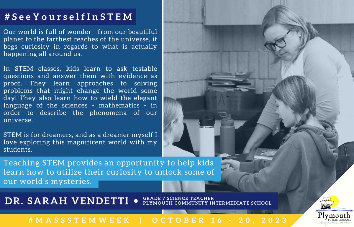 Our next Mass STEM Week 2023 Staff Spotlight is Dr. Sarah Vendetti from PCIS! Dr. Vendetti is a 7th grade science teacher who encourages her students to stay curious about the world and see themselves in STEM. @PPS_Science @PCISFalcon @MassSTEMWeek @one8alhub #SeeYourselfInSTEM