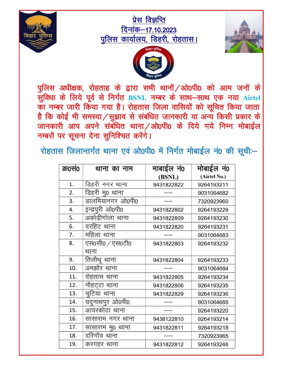 RohtasPolice's tweet photo. पुलिस अधीक्षक, रोहतास के द्वारा सभी थानों/ओ0पी0 को आम जनों के सुविधा के लिये पूर्व से निर्गत BSNL नंबर के साथ-साथ एक नया Airtel का नंबर जारी किया गया है। रोहतास जिला वासियों को सूचित किया जाता है कि कोई भी समस्या/ सुझाव से संबंधित जानकारी या अन्य किसी प्रकार की जानकारी आप अपने संबंधित थाना/ओ0पी0 के दिये गये निम्न मोबाइल नंबरों पर सूचना देना सुनिश्चित करेंगे।
#HaiTaiyarHum #rohtaspolice #Rohtas #BiharPolice #DehriOnSone #Sasaram #bikramganj
.
.