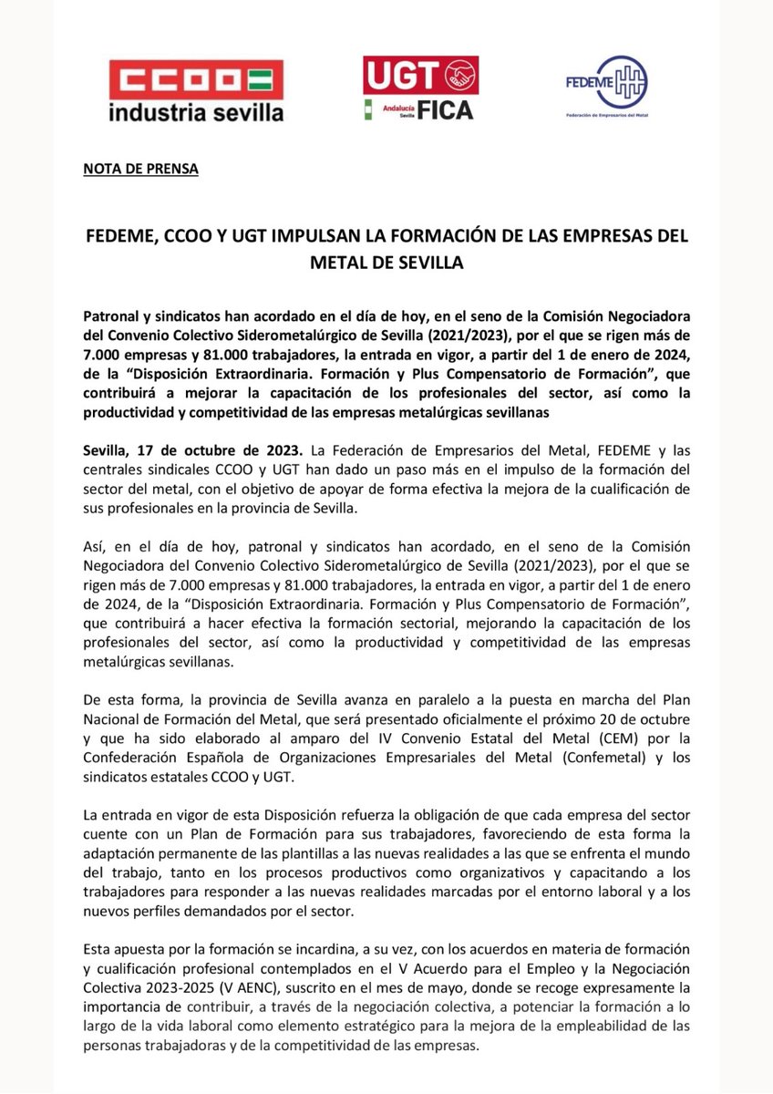 asiccoose's tweet photo. 🔴CCOO Impulsa la Formación en el Conv. Siderometalúrgico de la Prov. Sevilla‼️

ℹ️CCOO, UGT y la Patronal han firmado hoy el acuerdo por el que entrará en vigor el próximo 1 de enero de 2024 la Disposición Extraordinaria, Formación y Plus Compensatorio de Formación.

👉+Info⬇️ https://t.co/T5jNtd64hw