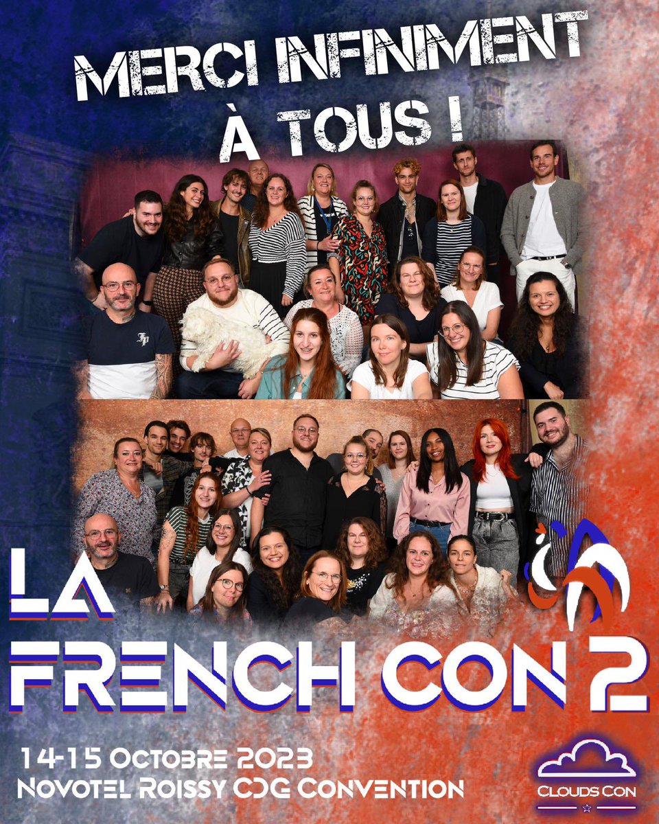 StarsConvs's tweet photo. Voilà 2 jours que #LaFrenchCon2 a pris fin! 🇫🇷

Quel incroyable week-end ça a été !
Nous perdons nos mots aujourd’hui tellement nous sommes reconnaissants envers toutes les personnes impliquées de près ou de loin dans cette folle aventure française !

Cette convention nous tenait tout particulièrement à cœur, nous y avons mis toutes nos forces et toutes nos tripes pour vous faire voyager à travers notre beau pays. 

Nous voudrions remercier du fond du cœur nos 8 guests pour leur confiance et leur disponibilité, merci à Mikaël, Nicolas, Jean-Baptiste, Adrien, Rebecca, Adeline, Raphaële et Thomas.

Cela a été un véritable honneur de vous recevoir, nous espérons que vous garderez de très beaux souvenirs de ce week-end magique!

Un grand BRAVO et MERCI à notre fabuleux staff, vous avez été géniaux, merci pour votre confiance et votre implication à chaque événement, on vous aime fort fort fort. Nous sommes fiers de chacun d’entre vous et infiniment reconnaissants pour votre dévouement sans faille envers nous.
Nous sommes particulièrement fiers de cette famille de coeur.

MERCI  à tous les participants ayant répondu présents pour ce nouveau rendez-vous! 
Merci pour tous vos sourires, vos joies, vos larmes. C’est pour voir le bonheur sur vos visages que nous organisons ces événements. Merci à vous pour votre confiance renouvelée, nous espérons vous revoir très vite!

MERCI à nos partenaires et prestataires de longue date, cette nouvelle aventure n’aurait pas été la même sans vous! 
BIG UP à Reflex (Jérôme, Vince, Pat), Véro et Serge.

Un merci tout particulier à Marion du Novotel CDG pour sa réactivité et son implication dans ce projet.

MERCI à nos partenaires média pour leur travail et leur communication depuis le lancement de l’événement et d’accepter de rester des heures assis par terre : @AddictionConv @FrConventions 

Il n’y aura pas de galerie photo de notre part mais n’hésitez pas à vous plonger dans celles de Addictions et FRConvs pour revivre la convention.

Nous sommes heureux de vous annoncer que nous pourrons tous nous retrouver pour notre convention 100% française qui reviendra pour une nouvelle édition dans quelques mois!
Prêts pour La French Con 3 ? OUI OUI BAGUETTE 🥖