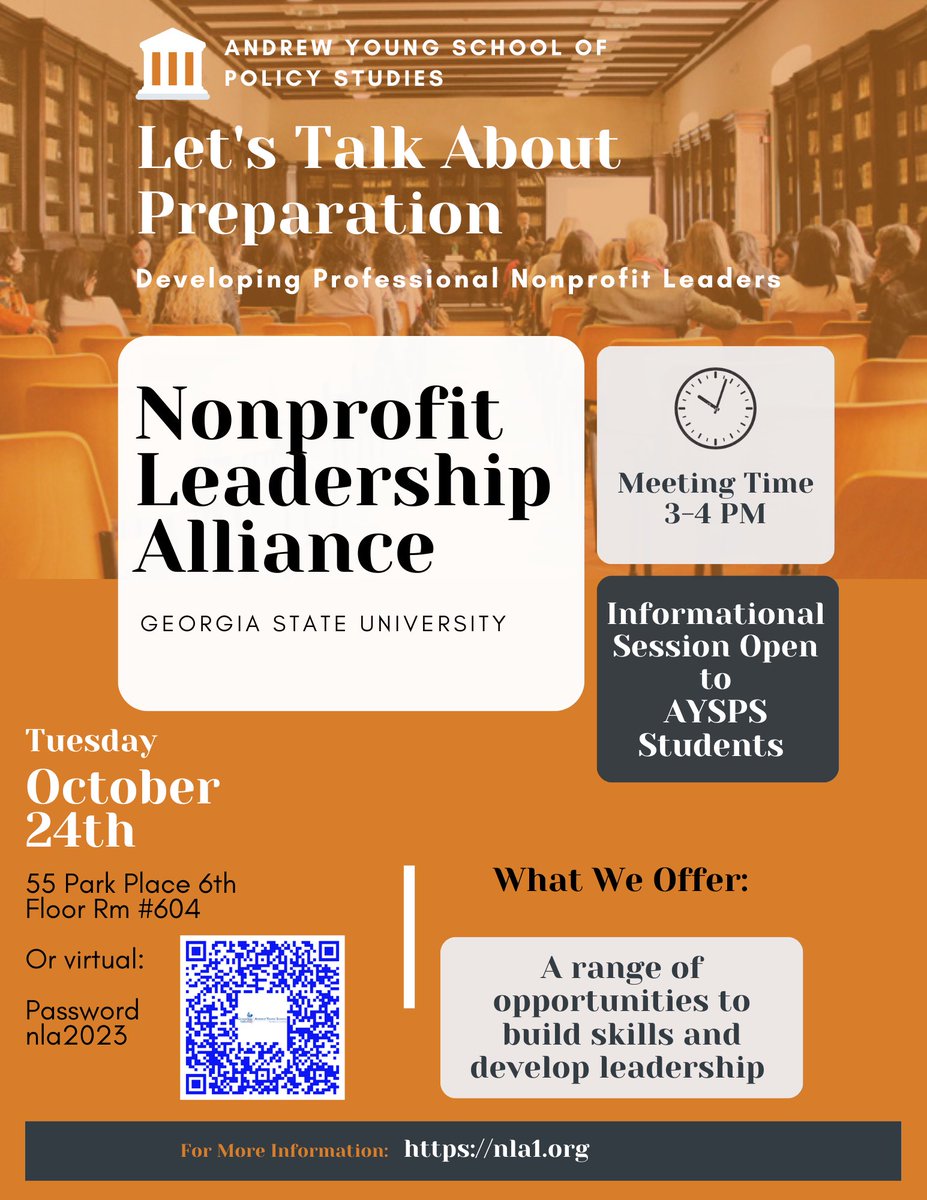 Join the Nonprofit Leadership Alliance meeting on October 24th 2023. Unleash your potential and develop essential skills in nonprofit leadership. Be the leader you aspire to be! 
#AYSPS #nonprofitLeaders