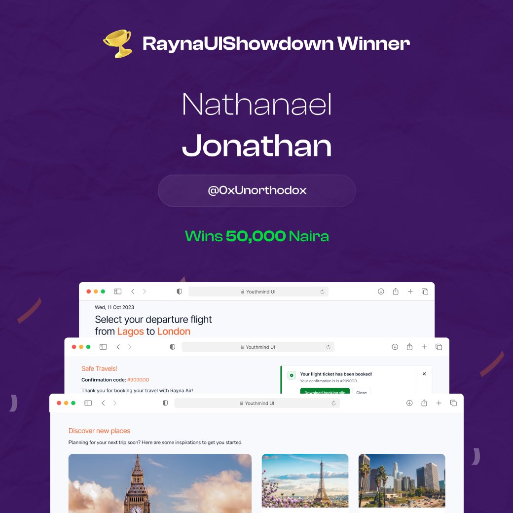 🎉Congratulations Nathanael @0xUnorthodox you are the WINNER of the #RaynaUIShowdown 

We at Design Clan are very proud of your design skills and attention to detail, you have made the clan proud.

Please do drop your account number in the comment section to receive your prize.