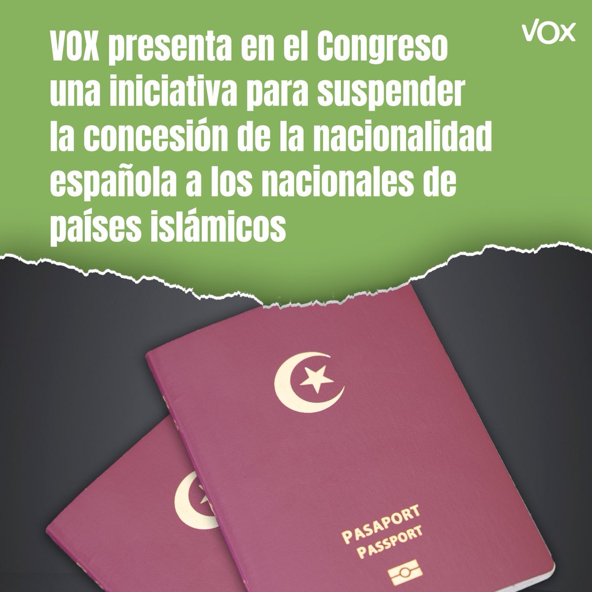 ‼️ #URGENTE 

VOX presenta en el Congreso una iniciativa para que el Gobierno paralice la concesión de nacionalidad española a los nacionales de países islámicos.

📰 Nota de prensa: voxespana.es/grupo_parlamen…