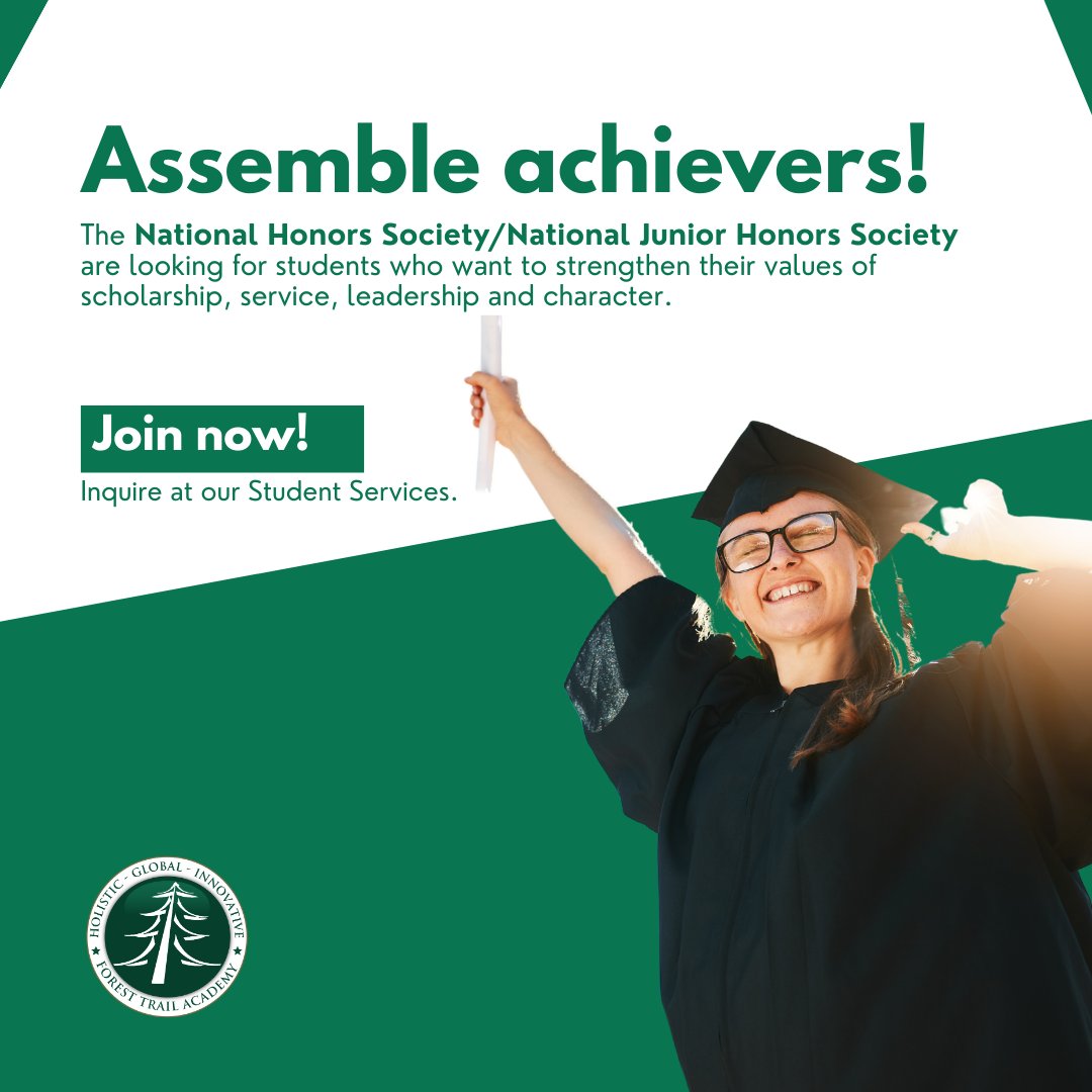 Leaders are molded at a very young age, and the National Honors Society/National Junior Honors Society (NHS/NJHS) is the club that can help you discover your potential.

Message us or email us at registrar@foresttrailacademy.com to know more.

#NHS #NJHS #LeadershipOpportunity