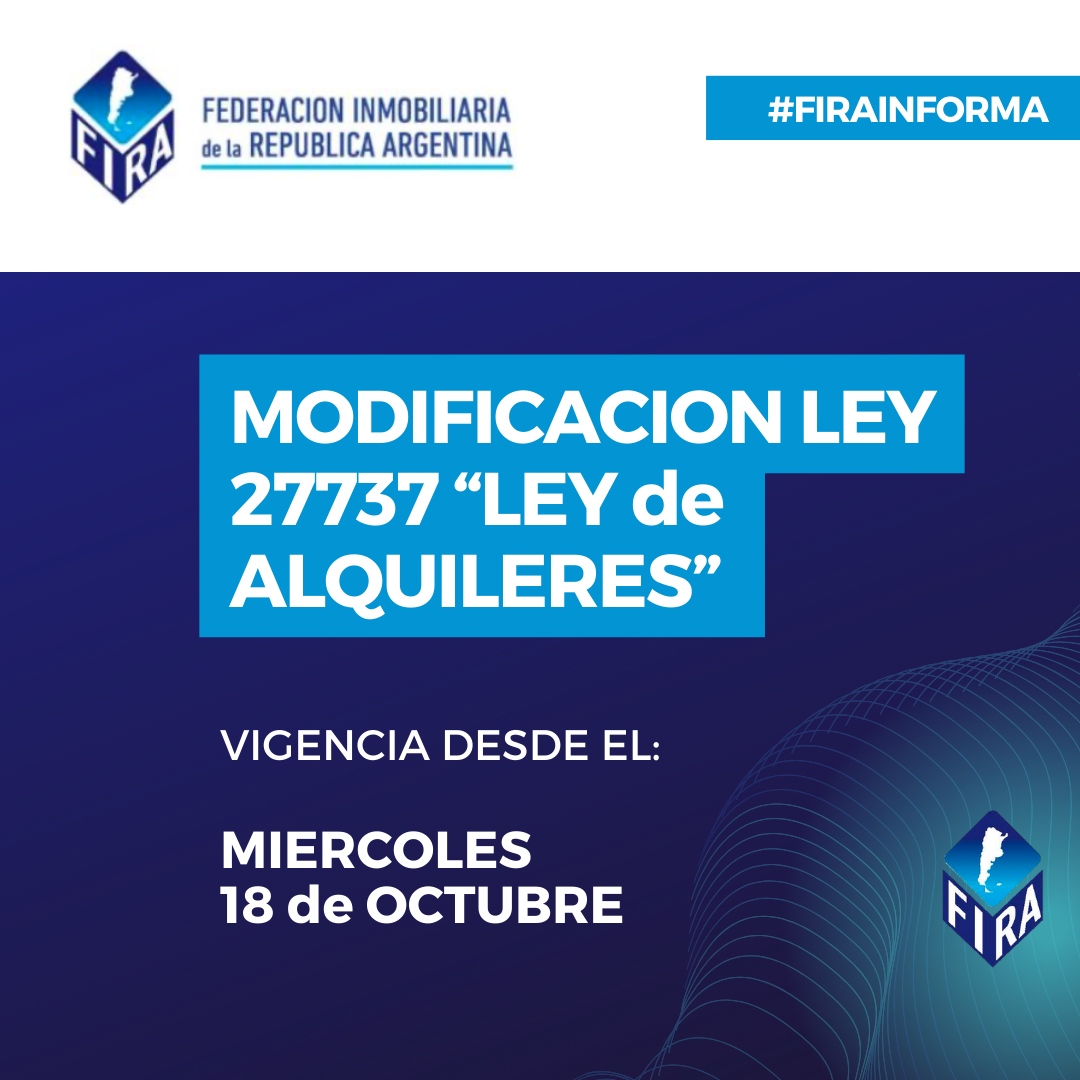 FIRA_Arg's tweet photo. #FIRAINFORMA
Mediante Decreto 533/2023 el Poder Ejecutivo Nacional ha promulgado la Ley Nro. 27.737 que modifica la actual normativa de ALQUILERES 
✍ La misma entrará en VIGENCIA el Miercoles 18 de Octubre de 2023
Accede al Boletín Oficial en  🌐 https://t.co/RhACRoAGrT https://t.co/Ow9QIERlPn