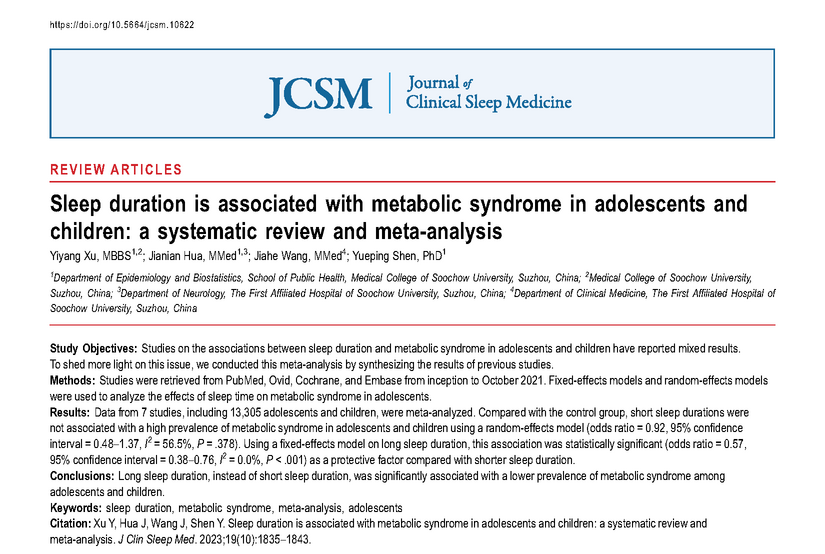 JCSMJournal's tweet photo. Studies on the associations between #sleep duration &amp; #metabolic syndrome in #adolescents and children have reported mixed results. To shed more light on this issue, the authors conducted this meta-analysis by synthesizing the results of previous studies. https://t.co/zaotnmF2JT https://t.co/tscNFWdxtl